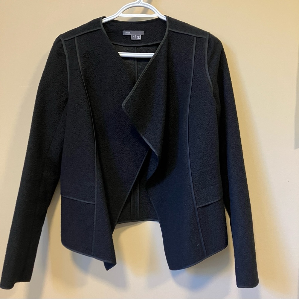 Vince S Dark Navy Blue Open-Front Pebbled Boucle Asymmetric Cotton Blend Jacket